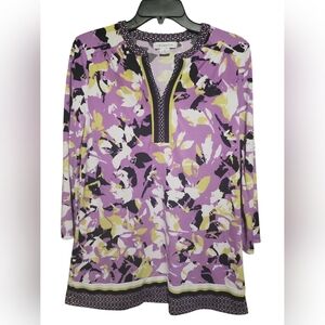 Liz Claiborne Women’s Tunic Top Medium Purple Green Black 3/4 Sleeve Blouse